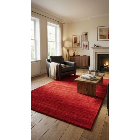 Tapis Gabbeh indien Tapis Uni - Tapis en laine  - 300x200cm, Rectangular - 100% Laine vierge - Tissé main - Rouge