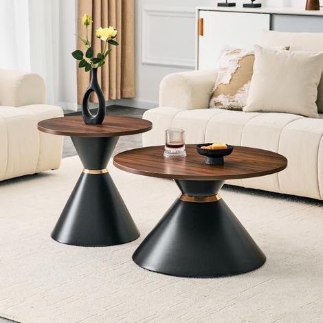 Table basse - WESTYLE - Lot 2 rondes empilables - Aspect noyer - Cadre métal noir - Plateau mélamine anti-rayures (1/5)