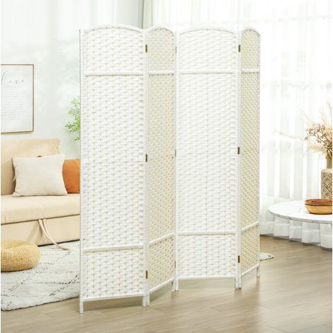 Paravent 4 panneaux pliable blanc avec motif tissé, cloison de séparation légère en bois et tissu polypropylène pour salon, chambre ou bureau - CHICFURN (1/5)