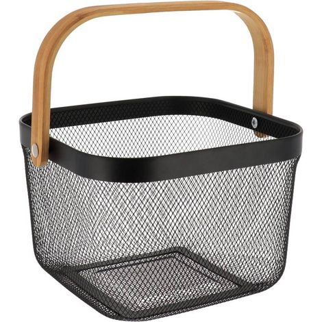 Cestino quadrato in metallo con manico in bambù - nero - Tendance