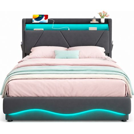 Letto 160x200 in velluto grigio scuro con contenitore, LED e USB-C, senza materasso - CHICFURN (1/5)
