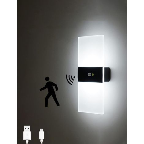 Aplique de pared LED con sensor, carga USB, inalámbrico, luz nocturna inalámbrica con detector de movimiento que se enciende/apaga automáticamente, para dormitorio, sala de estar, negro, 6000K (1/4)