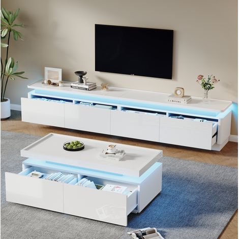 Meuble TV avec table basse, 4 tiroirs, LED blanc HAVRYA (1/5)