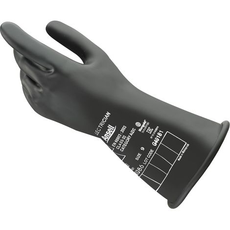Ansell ActivArmr E013B Guanti Dielettrici per Elettricisti, Classe 00 (Tensione fino 500V), Protezione Professionale per Lavori Elettrici, Lattice di Gomma Isolante, Nero, Taglia L (1 Paio)