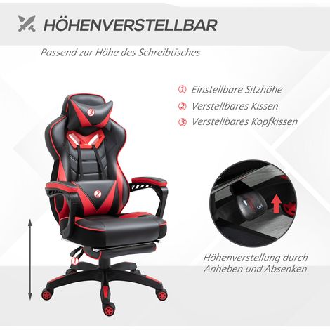 Fauteuil de bureau ergonomique, siège gaming pivotant avec repose-pieds escamotable et dossier réglable, mousse+similicuir PU+métal, noir+rouge, 65x70x118,5-128,5 cm (1/5)