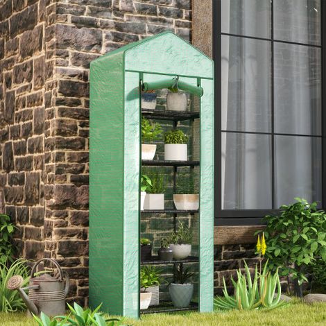 Mini serre de balcon 69x49x193 cm avec porte enroulable, 5 étagères, housse transparente, acier vert