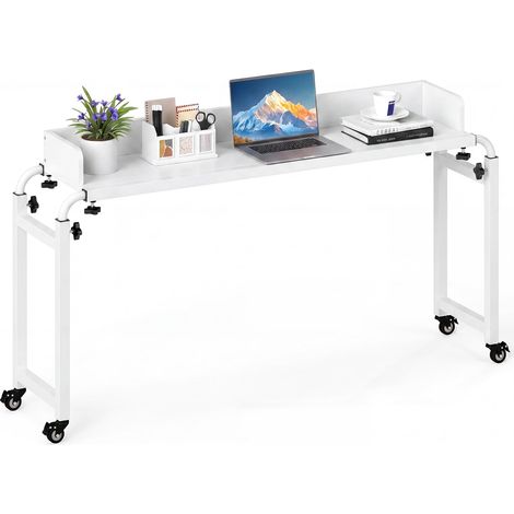 COSTWAY Table de lit Roulant, Bureau Mobile au-Dessus du Lit Hauteur(73,5 à 102 cm) et Longueur(135,5 à 206 cm) Réglable, Table d'appoint pour Ordinateur, pour Chambre, Canapé, Hôpital (Blanc) (1/5)