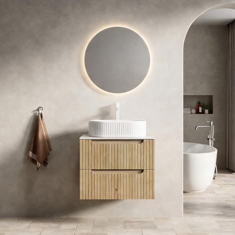 Vasque ovale blanche sur meuble suspendu 60 cm en chêne clair (1/5)