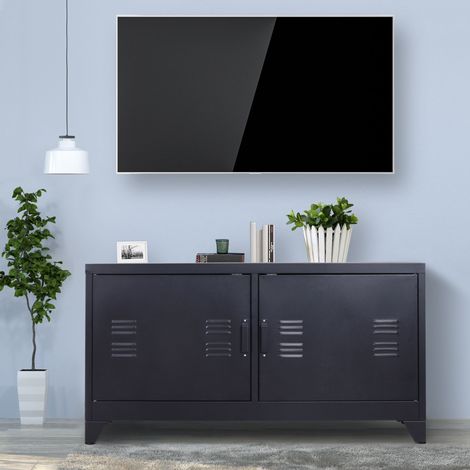 Mobile porta TV dal design industriale con 2 ante, 2 ripiani regolabili, sistema di gestione dei cavi e struttura in acciaio nero. (1/5)