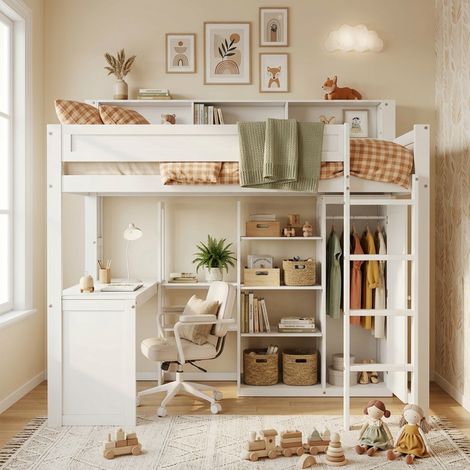 Lit mezzanine enfant 90x200 cm avec bureau et armoire intégrés, étagères, échelle 4 marches, garde-corps, pin, MDF et contreplaqué, Blanc (1/5)