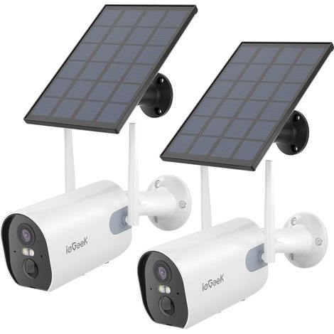Caméras de sécurité solaires sans fil extérieures 2K ieGeek (2 pièces), caméras de surveillance domestiques WiFi à batterie avec sirène intelligente et projecteur, 2 canaux audio (1/5)