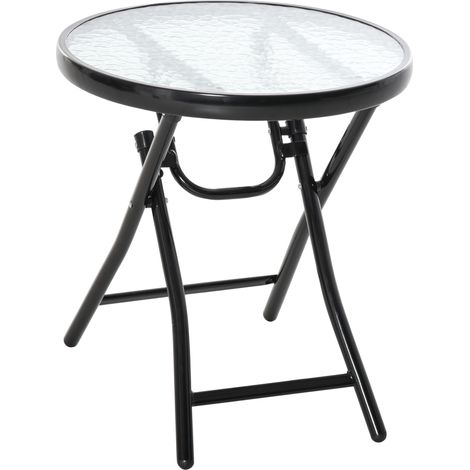 Table ronde pliante Ø45x50 cm noir, verre, bordure métal, patio intérieur/extérieur (1/5)