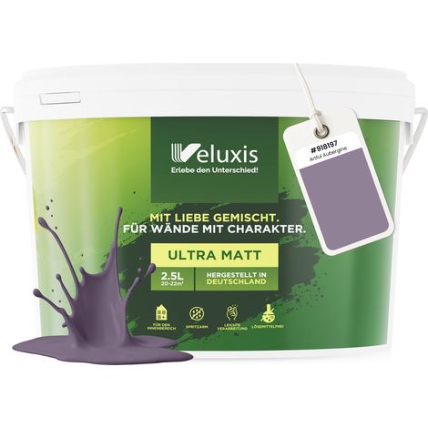 Wandfarbe Lila Grau Hellgrau Matt Innenfarbe – Deckkraft Klasse 1, VOC-frei, Ohne Grundierung, Tropfarm – Wohnzimmer & Schlafzimmer – 2,5L – Veluxis (Artful Aubergine)