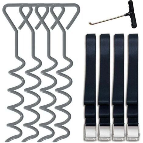 QORVA-Lot de 4 piquets de trampoline robusts en forme de tire-bouchon en acier avec crochet en T pour trampolines - Lot de 4 bonus 4 ceintures solides