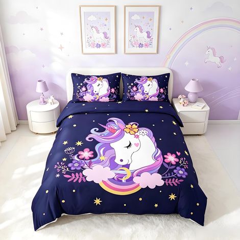 Housse De Couette Enfant 140x200 Fille Violet Literie Fleur Cheval Literie Set Rose Jaune Arc en Ciel Housse De Couette Parure Lit avec À Glissière (1/5)