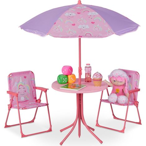 Salon de Jardin, Enfant, Table, chaises, Parasol, pour Plage ou Camping, Rose (1/5)