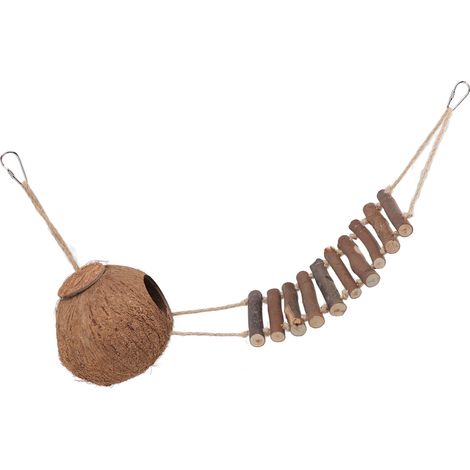 Nichoir suspendu en noix de coco, maisonnette naturelle pour perroquet avec échelle de corde. Nichoir en coquille de noix de coco, abri pour perroquet avec échelle de corde. (1/5)