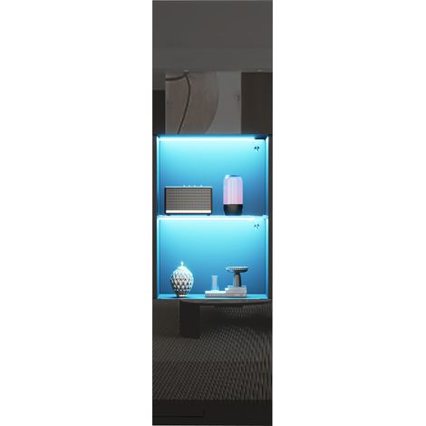 Vitrine colonne noire brillante avec LED et porte vitrée, 1 étagère en verre trempé, meuble de rangement pour salon ou chambre, 45 x 35 x 160 cm (1/5)