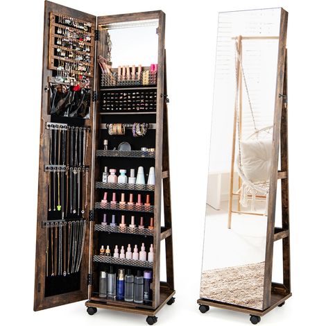 64 Inches Lockable Jewelry Cabinet Armoire with Built-in Makeup Mirror-Coffee (1/5)