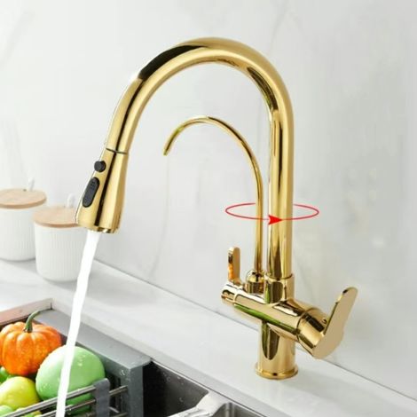 Cross-border all-copper kitchen faucet, pull-out type, hot and cold drinking water, sink and vegetable washing basin 3-in-1 faucet - copper body titanium gold model
