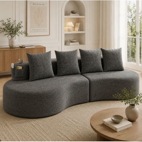 Sofá 240x109x63 cm gris oscuro, bolsillo lateral y portavasos, tela de lino MEUBLIV (1/5)