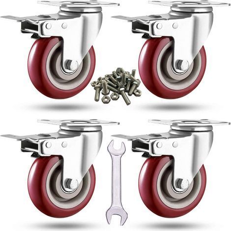 Roulettes robustes de 3 pouces charge 2000 lb, roulettes à plaque de roulement verrouillables avec freins, roulettes pivotantes à 360 degrés pour meubles et chariot d'établi, lot de 4 (vis gratuites e (1/5)