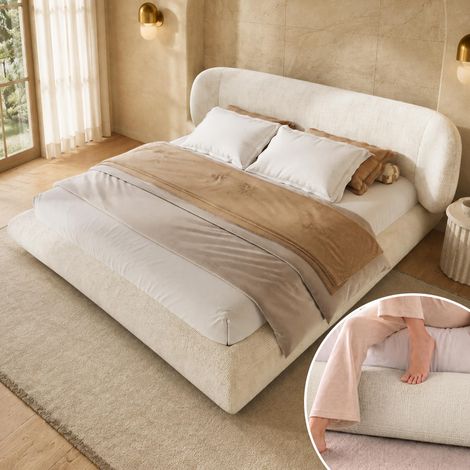 Lit 140 x 190 avec sommier à Lattes et tête de lit, Lit Double avec Coins arrondis et Mousse hautement élastique,Chenille Beige(sans Matelas) (1/5)