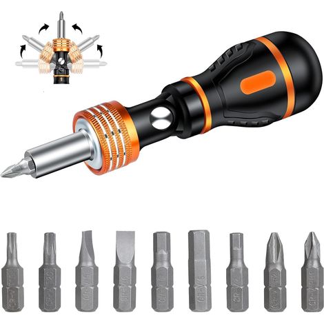 JSSEVN - 9-in-1 Magnetic Ratchet Screwdriver Set with Magnetic Insert Holder, Flat, Phillips, Hex and 1/4" Screwdrivers, Tool Set (1/4)