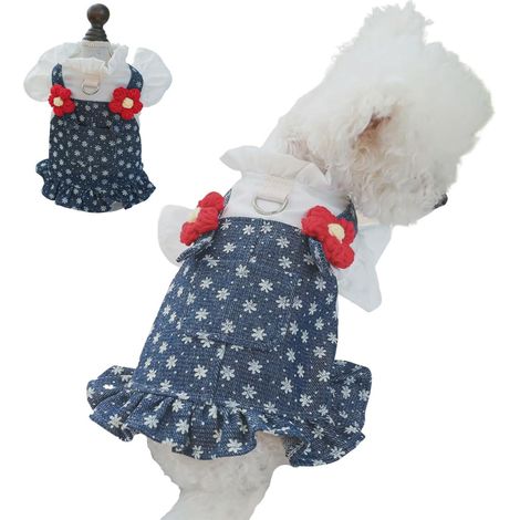 1 robe pour chien, denim bleu avec fleurs rouges et blanches, poches style cowboy, taille XS à L, tenue d'été respirante (1/5)