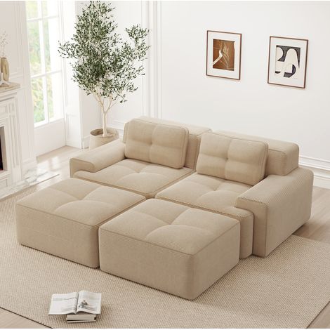 Divano modulare in corduroy beige con ottoman OKMYHOME (1/5)