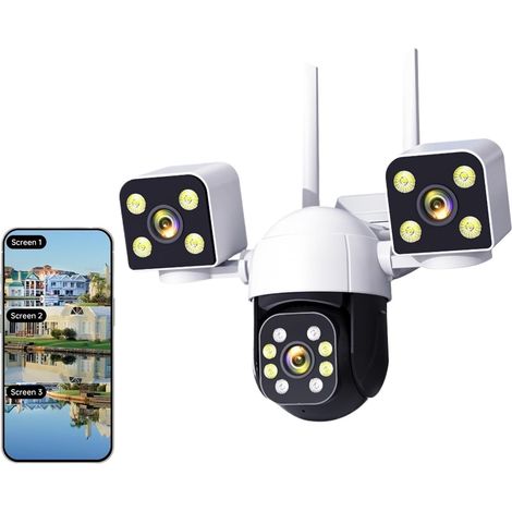 Caméra de Surveillance extérieure étanche 9MP 6K avec 3 objectifs et 3 écrans, Wi-FI, réseau Mobile, PTZ 360°, caméra de sécurité Intelligente et Protection de sécurité(9MP Camera) (1/5)