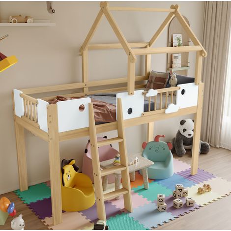 MEUBLIV Hochbett 90x200 cm Weiß/Natur – Hausdesign mit Leiter, ohne Matratze (1/5)