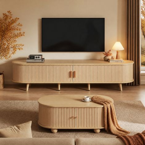 Conjunto mueble TV y mesa de centro ovalada con almacenaje en MDF DESVIAE (1/5)
