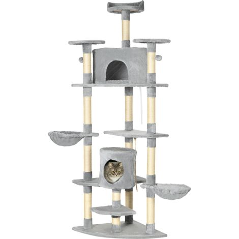 Arbre à chat XXL 200 cm avec griffoirs, niches et hamacs en peluche gris clair (1/5)