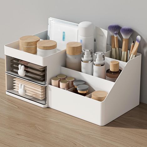 Aufbewahrungsbox mit mehreren Schubladen und Fächern für den Schminktisch im Büro, Kosmetikorganizer, Maskenhalter, Lippenstifthalter und Make-up-Pinselhalter, schneeweiß (1/5)