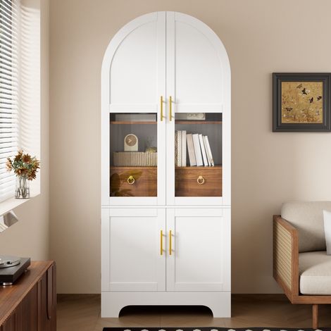 Vitrina aparador alto - 76 x 40 x 180 cm con iluminación led 4 puertas y cajón - de arco en madera mdf y vidrio templado estilo vintage retro - blanco (1/5)
