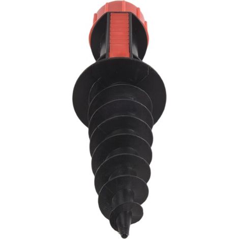 1 large, portable, black and red plastic outdoor beach umbrella accessory, to be inserted into the ground in a spiral. (1/5)