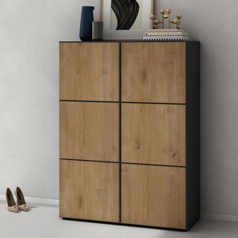 Meuble à Chaussures Gris Noir Mat et Chêne Clair 90x120cm Rangement Armoire à Chaussures 12 Compartiments Range-Chaussures 02 (1/5)