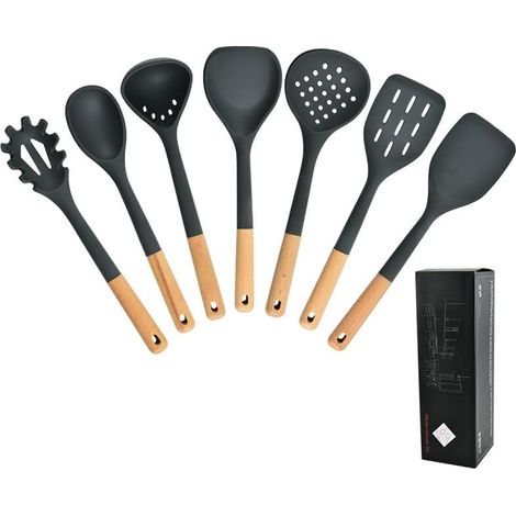 Utensilios de cocina de silicona con mangos de madera, juego de 7 piezas: espátula, espumadera y espátula para freír.