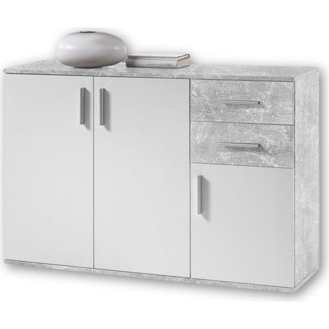 Stella Trading BOBBY, Cassettiera, effetto cemento, bianco, credenza elegante con ampio spazio disponibile per la zona giorno 120 x 82 x 35 cm, L x A x P (1/4)