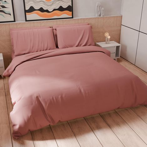 Set Housse de Couette 200x200 cm 1 Taie d'oreiller 50x80 cm Incluse, Parure de Lit Microfibre 1/2 Personnes Douce Rose Foncé (1/5)