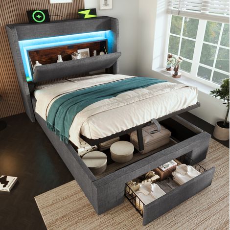 Letto imbottito moderno 90x200 cm in lino grigio con testiera contenitore, LED, USB/USB-C, vano idraulico e materasso