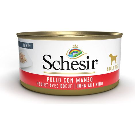 Schesir, Cibo Umido per Cani Adulti al Gusto Pollo con Manzo Preparato in Morbida Gelatina - Totale 2,7Kg (18 Lattine da 150G) (1/4)