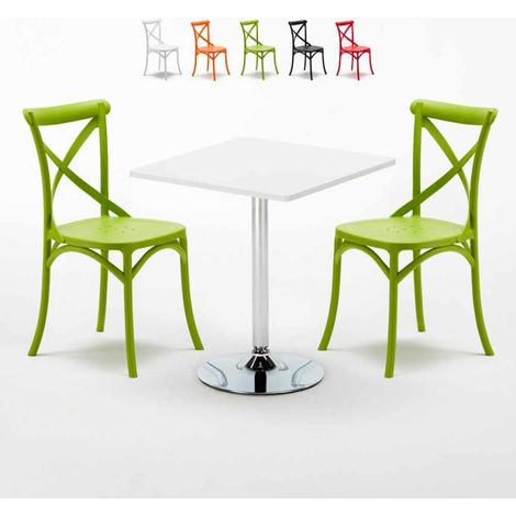 Table Carrée Blanche 70x70cm 2 Chaises Colorées Intérieur Bar Café Vintage Cocktail - Vert (1/5)