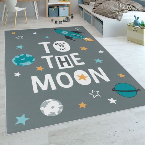 Paco Home Kinderteppich, Spielteppich Für Kinderzimmer, Mit Raketen-Motiv Und Spruch, Grau 140x200 cm