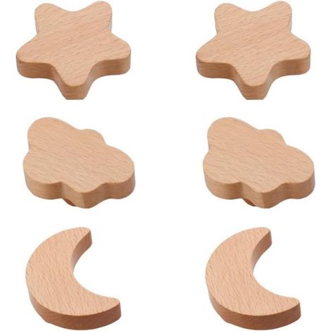 Boutons d'armoire en bois pour enfants - Lot de 6 étoiles, lune, nuages (1/4)