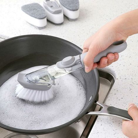1 Brosse de cuisine distributeur liquide automatique éponge nylon nettoyage vaisselle poêles éviers (1/5)