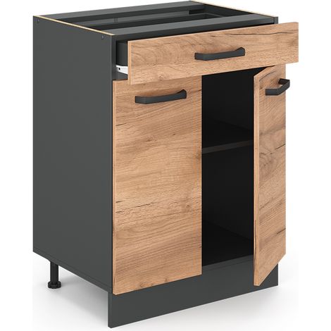 Mobiletto base per cucina R-Line, Quercia dorata, 60 cm con cassetto, senza piano di lavoro, Vicco