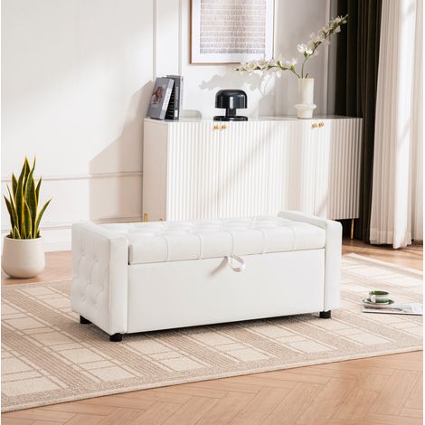 Rechteckige Sitzbank mit Stauraum, weißes PU, 122 x 45 x 47 cm, OKWISH (1/5)