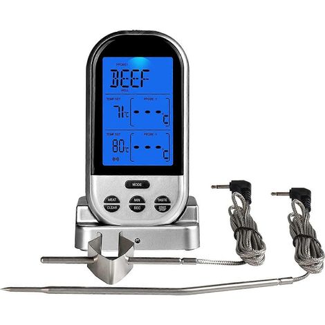 Thermomètre de cuisson numérique sans fil pour viande, minuteur de cuisine avec deux sondes, idéal pour le fumoir, le gril et le barbecue (argenté). (1/5)